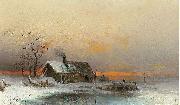 Winter picture with cabin at a river unknow artist